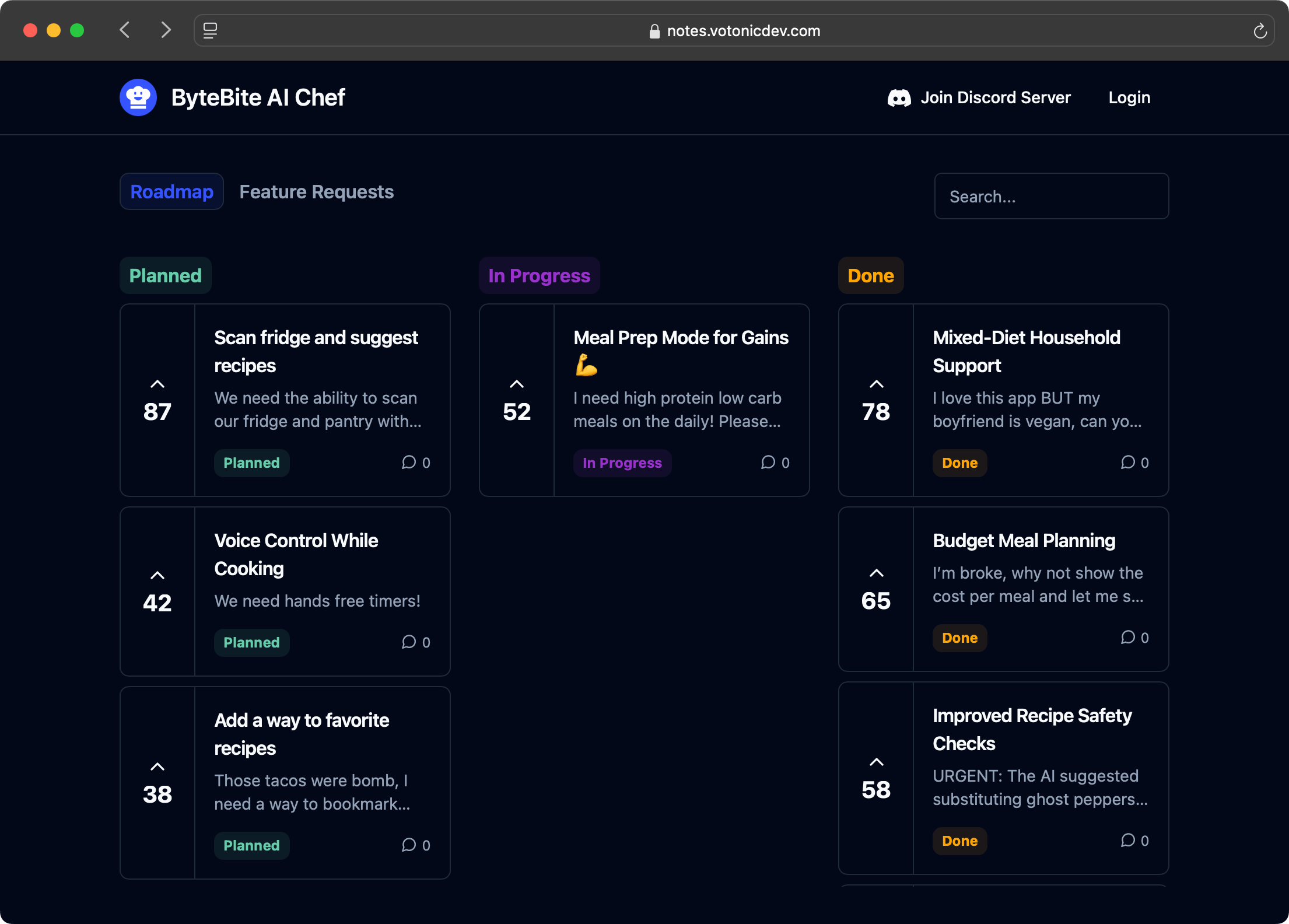 Screenshot of an example Votonic roadmap